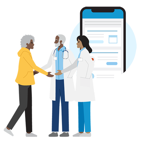 person talking with care team in front of mobile device