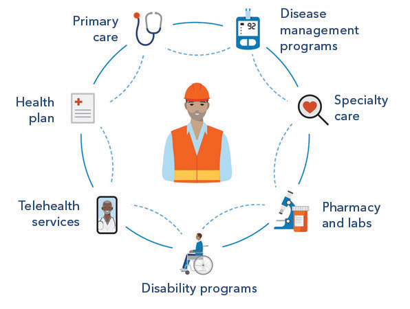 Primary care, disease management programs, specialty care, pharmacy and labs, disability programs, telehealth services, and health plan are connected.