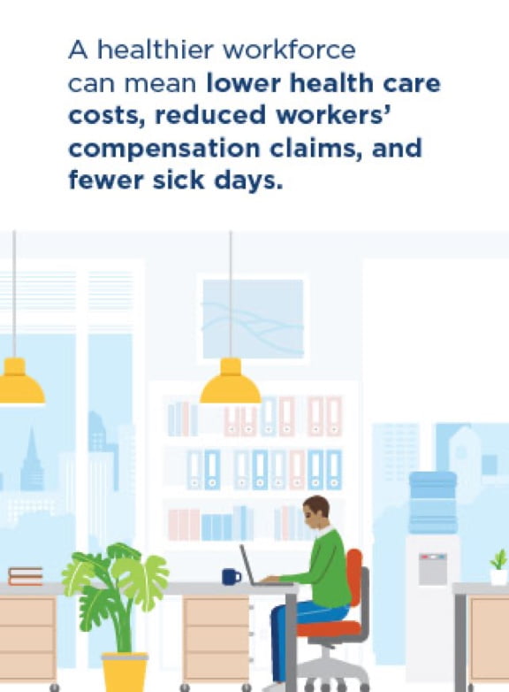 Illustration of a man working alone in a colorful open plan office with caption: A healthier workforce can mean lower health care costs, reduced workers’ compensation claims, and fewer sick days