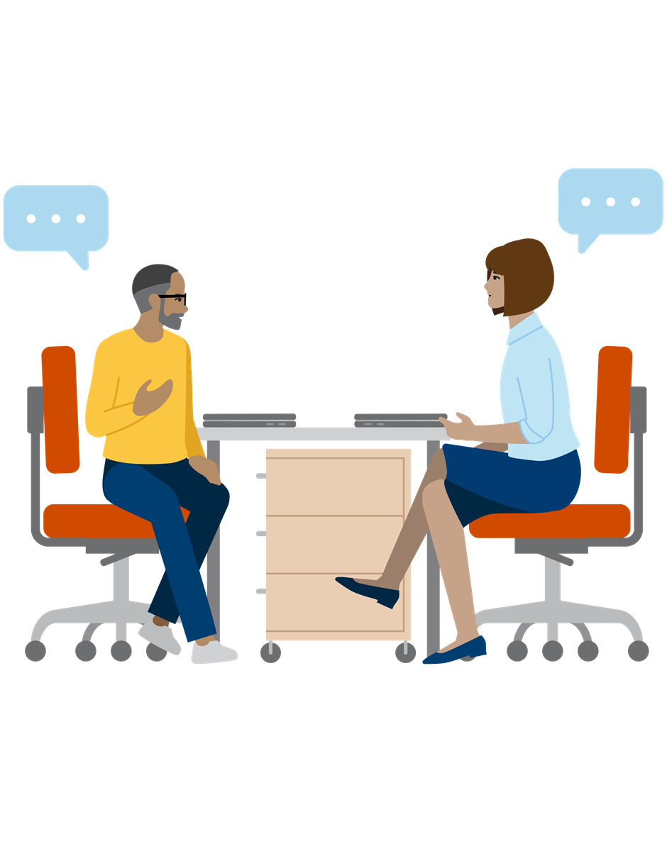 Illustration of a man and a woman having a conversation at work desks.